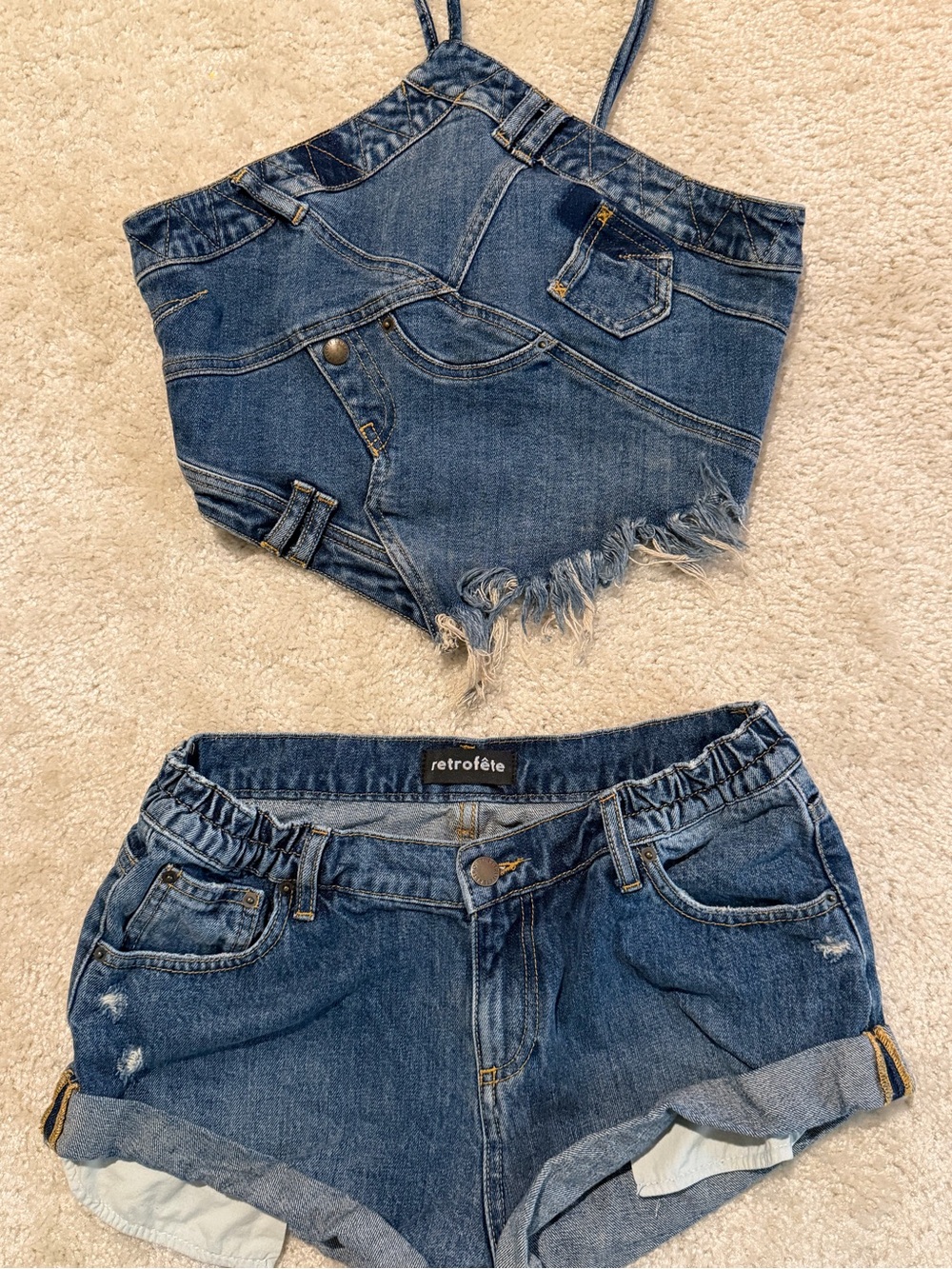 Retrofête Denim Set – Halter Top (Small) + Shorts (Size 28)